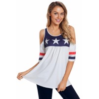 White Cold Shoulder American Tee with Varsity Stripes